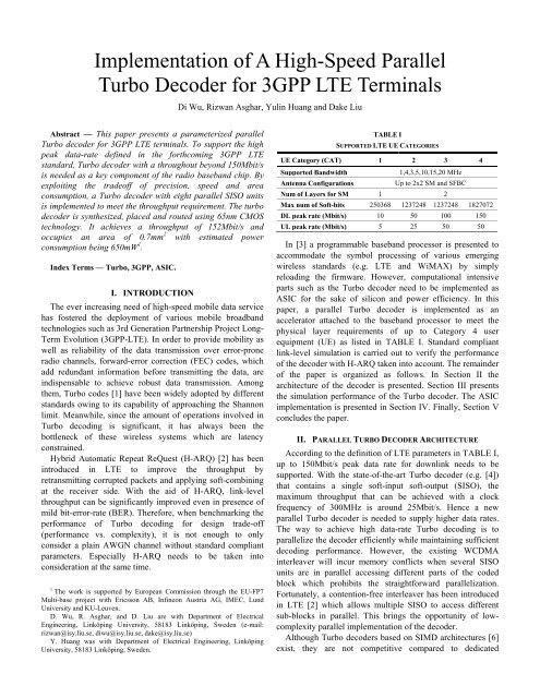 Implementation of A High-Speed Parallel Turbo Decoder for 3GPP ...