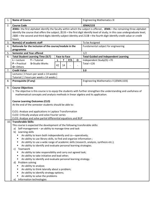 1 Name Of Course Engineering Mathematics Iii 2 Course Code
