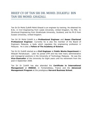 brief cv of tan sri dr. mohd. zulkifli bin tan sri mohd. ghazali.