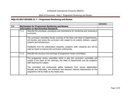 Area 7: Programme Monitoring and Review MQA-03 SELF REVIEW