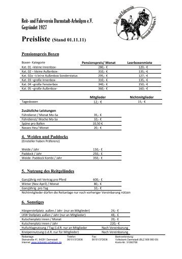 Preisliste - Reit- und Fahrverein Darmstadt-Arheilgen eV