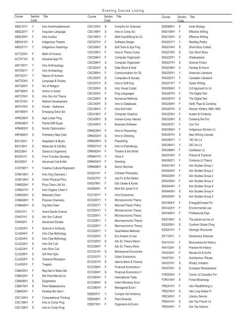 Evening Section List - the Faculty of Arts & Science