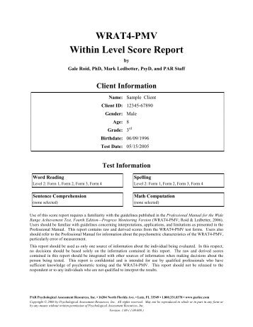 WRAT4-PMV Within Level Score Report - Psychological ...