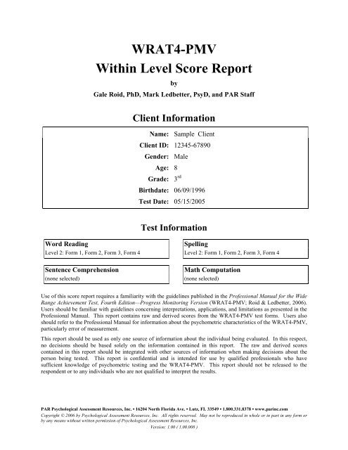 WRAT4-PMV Within Level Score Report - Psychological ...