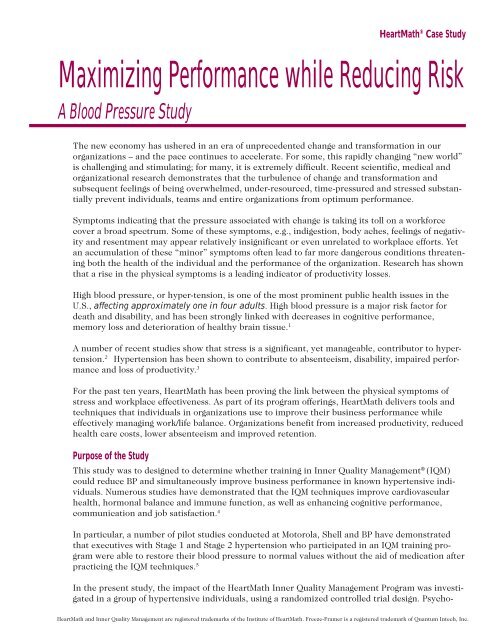 Maximizing Performance while Reducing Risk - Heartmath Benelux