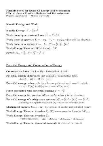 Formula Sheet for Exam C - Mercer University Physics