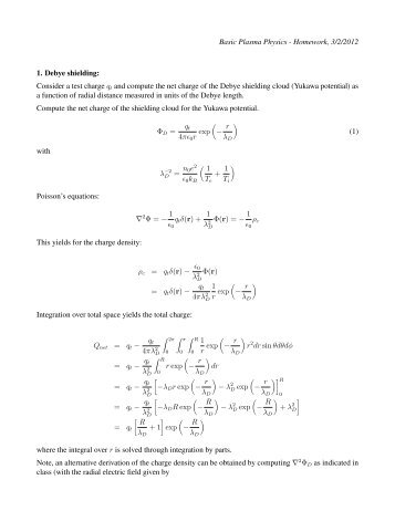 Basic Plasma Physics - Homework, 3/2/2012 1. Debye shielding ...