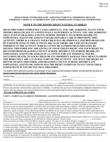 MIS 4178 Consent Form for Athletics - Okaloosa County School District