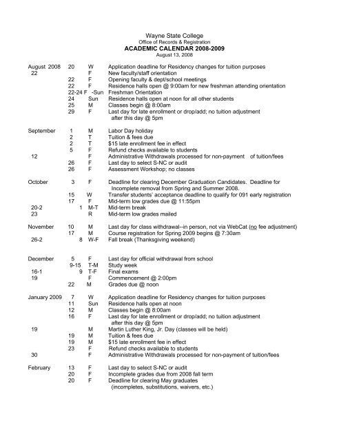 Wayne State College ACADEMIC CALENDAR 2008 2009