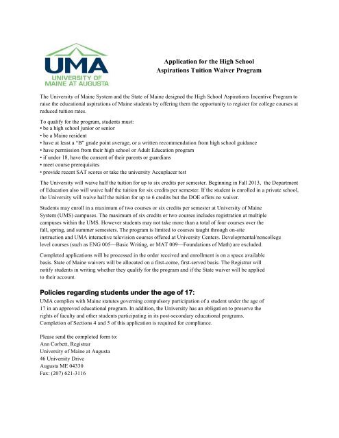 University Of Maine Tuition >> Application For The High School Aspirations Tuition Waiver University Of Maine Tuition >> Application For The High School Aspirations Tuition Waiver