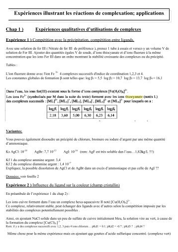 Expériences illustrant les réactions de complexation; applications.