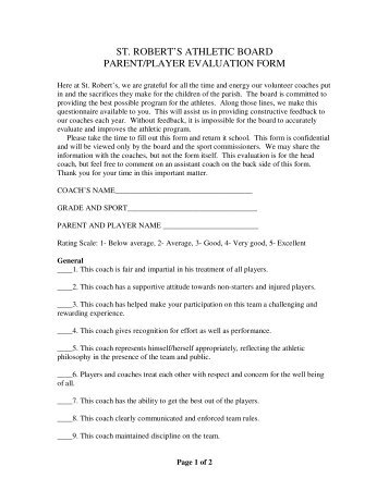 'Parent / Player Evaluation' form