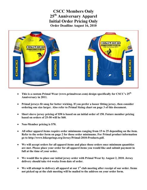 Primal Cycling Jersey Size Chart