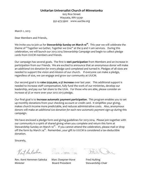 2013 2014 Stewardship Letter Unitarian Universalist Church