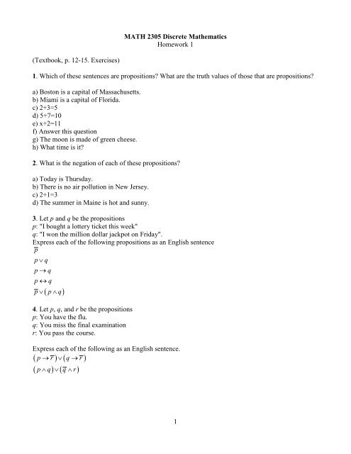 1 Math 2305 Discrete Mathematics Homework 1 Textbook P 12