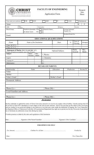 FACULTY OF ENGINEERING Application Form - Christ University