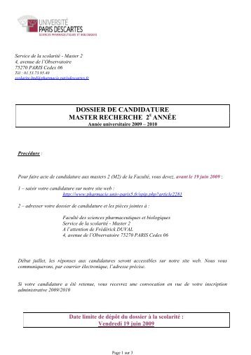 dossier de candidature master recherche 2 e annÃ©e - FacultÃ© de ...