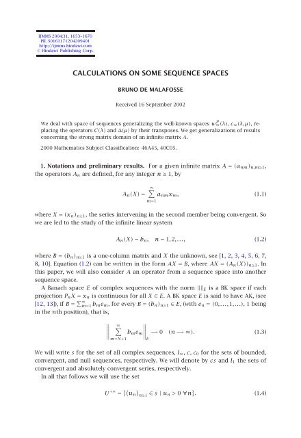 calculations on some sequence spaces - European Mathematical ...