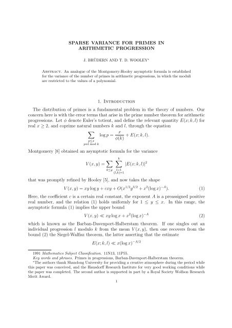 Sparse Variance for primes in arithmetic progression - Hausdorff ...