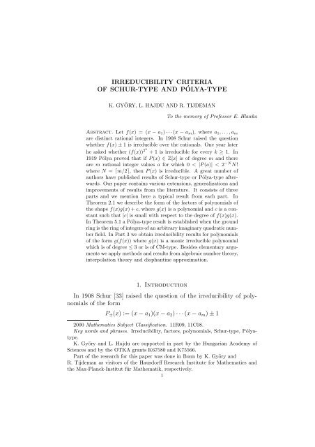 Irreducibility Criteria of Schur-Type and Pólya-Type - Hausdorff ...