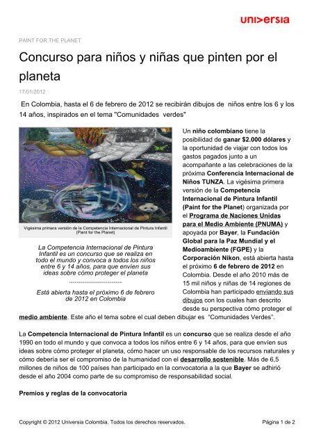 Concurso para niÃ±os y niÃ±as que pinten por el planeta - Noticias ...