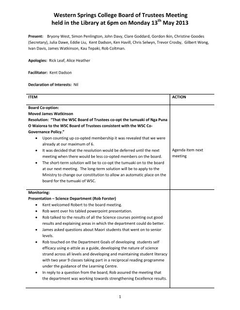 Minutes of Meeting - Western Springs College