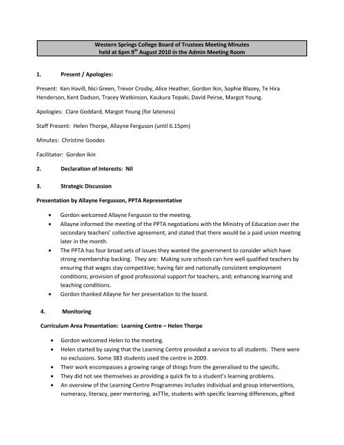 Western Springs College Board of Trustees Meeting Minutes held at ...