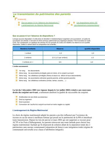 La transmission du patrimoine des parents - Inserweb