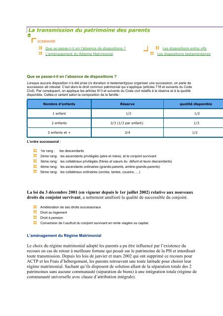 La transmission du patrimoine des parents - Inserweb