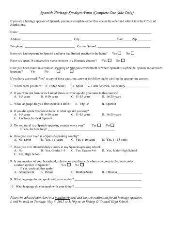 Spanish Heritage Speakers Form (Complete One Side Only)