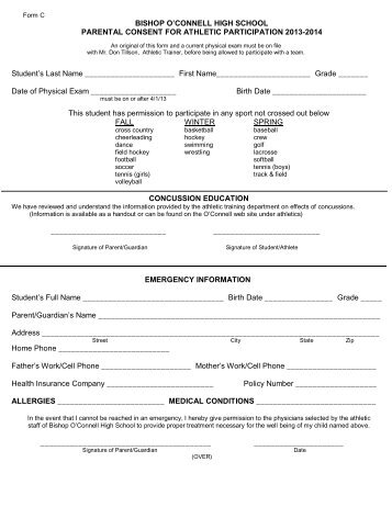 Parental Consent Form (Form C) - Bishop O'Connell High School