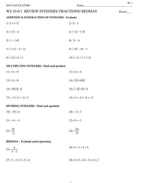 WS 10-0-1 - Int/Frac/BEDMAS - AbbyNet