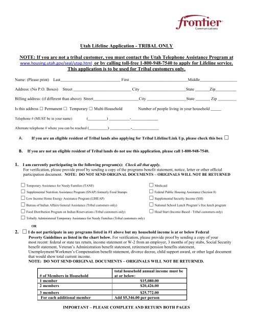 Utah Lifeline Application - TRIBAL ONLY NOTE: If you are not ...
