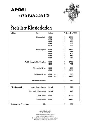 Klosterladen Preisliste 01-2007 - Abtei Mariawald