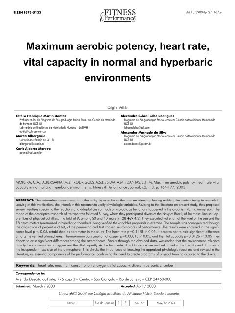 Maximum aerobic potency, heart rate, vital capacity in normal and ...