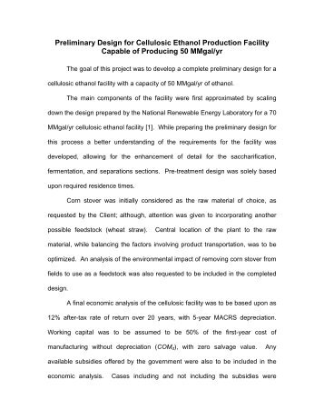 Preliminary Design for Cellulosic Ethanol Production Facility ...