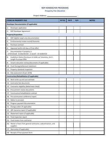 NSP HOMEBUYER PROGRAMS Property File Checklist