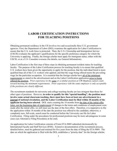 Labor Certification for Teaching Faculty