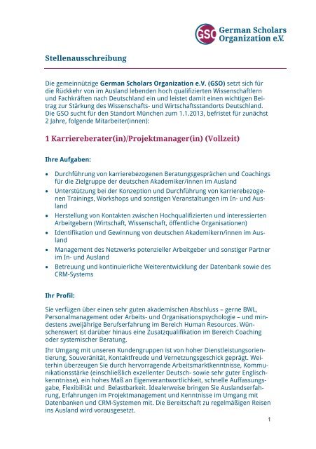 Stellenausschreibung 1 Karriereberater(in)/Projektmanager(in ...