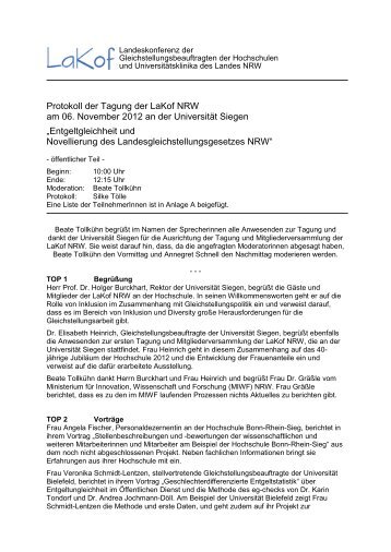 Protokoll der Tagung und Mitgliederversammlung der LaKof NRW