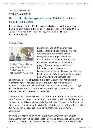 Dr. Ulrike Stehr sprach beim FrÃ¼hstÃ¼ck Ã¼ber Palliativmedizin