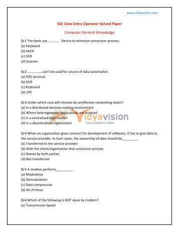 SSC Data Entry Operator Solved Paper Computer General Knowledge