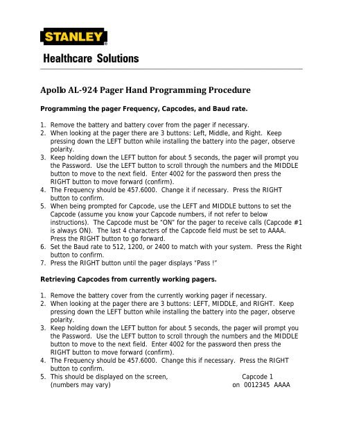 Apollo AL-924 Pager Hand Programming Procedure - Stanley ...