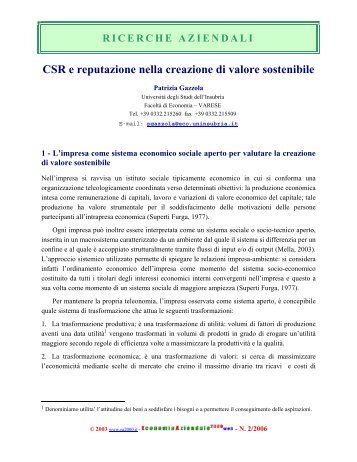 CSR e reputazione nella creazione di valore sostenibile - Riviste