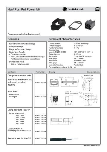 Technical characteristics Features Han® PushPull Power 4/0 - Harting