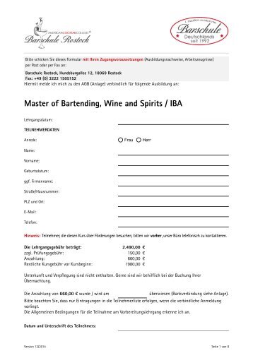 Master of Bartending, Wine and Spirits - Barschule Rostock