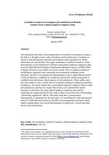 A multilevel analysis of job satisfaction in Britain - WERS 2004