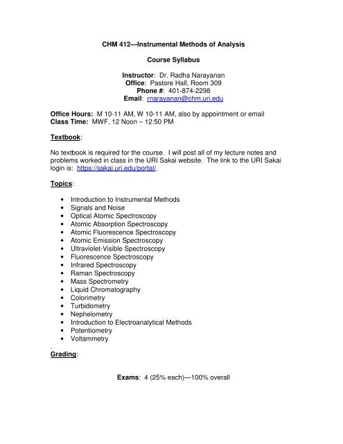 Chm 412instrumental Methods Of Analysis Course Syllabus - 