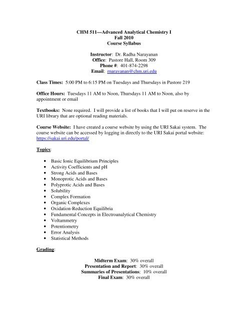 Uri Final Exam Schedule Fall 2022 Chm 511—Advanced Analytical Chemistry I Fall 2010 Course ...