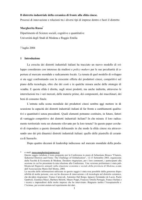 1 Il distretto industriale della ceramica di fronte alla sfida cinese ...